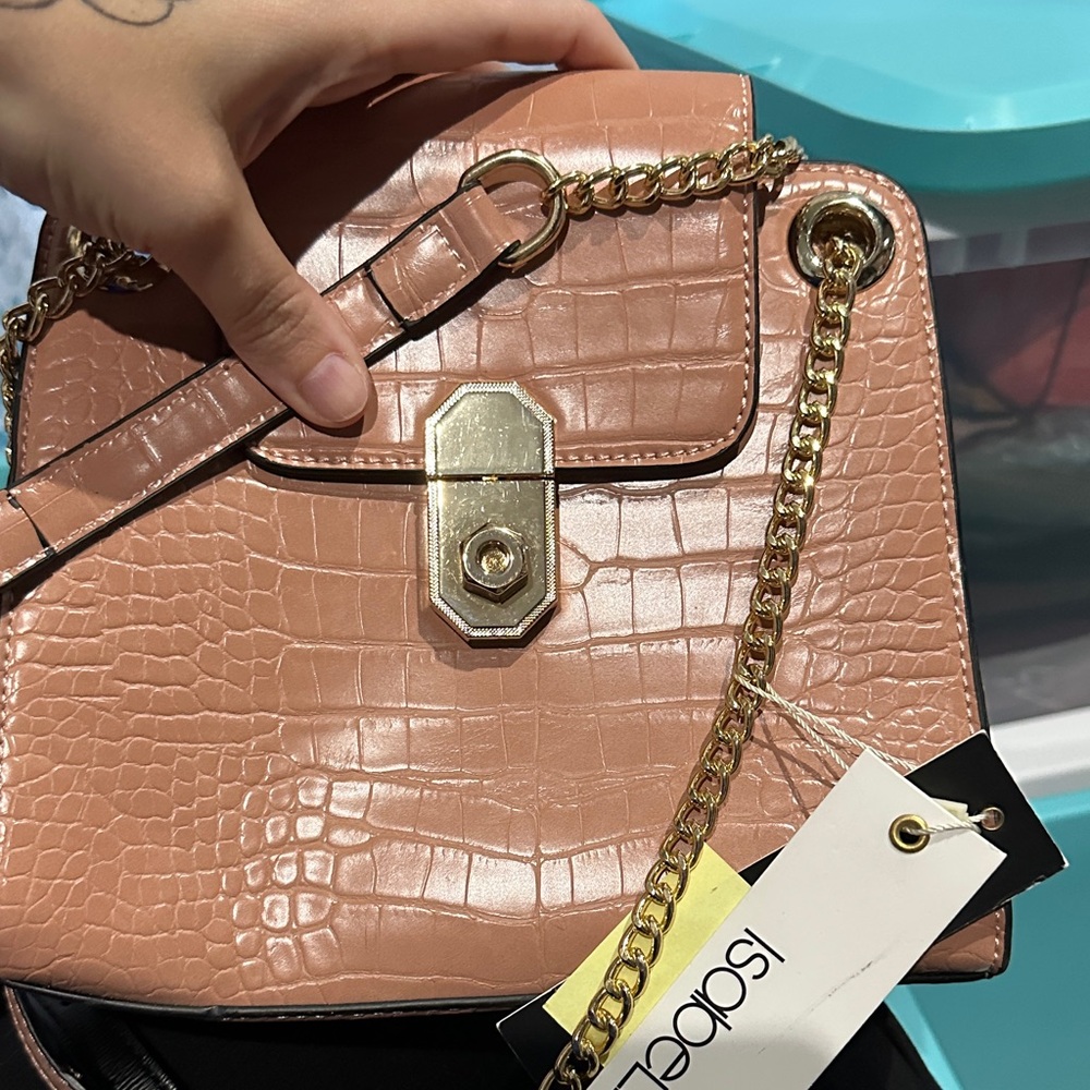 Pink Croc-Embossed Crossbody Bag with Gold Chain